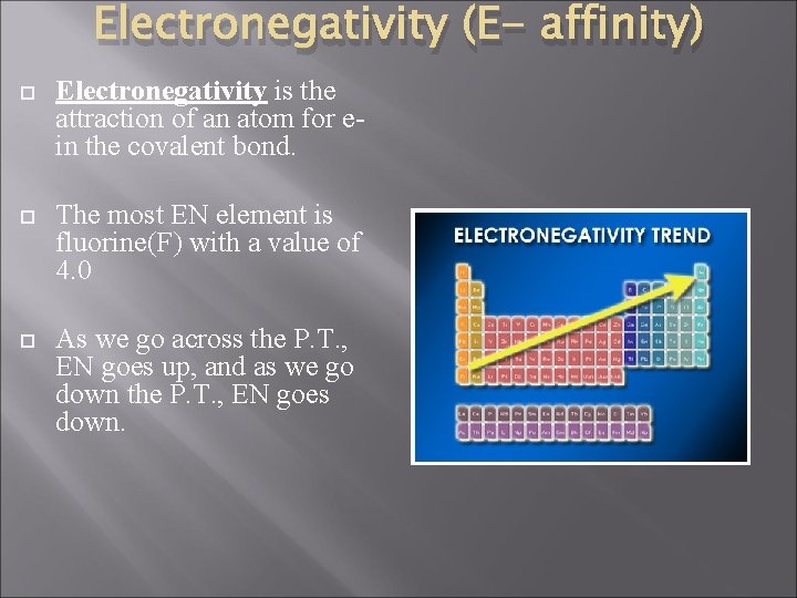 Electronegativity (E- affinity) Electronegativity is the attraction of an atom for ein the covalent