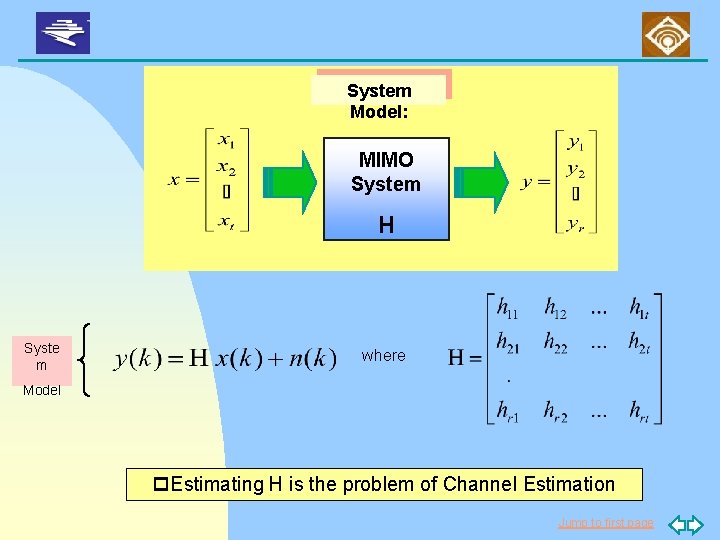 System Model: MIMO System H Syste m where Model p. Estimating H is the