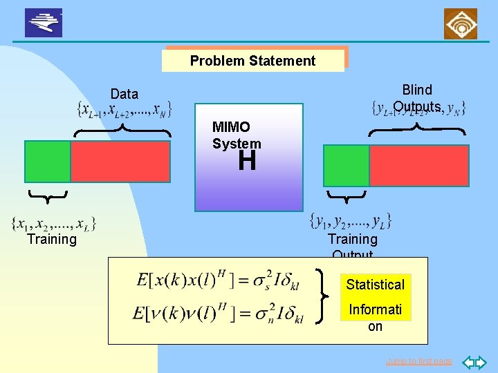 Problem Statement Blind Outputs Data MIMO System H Training Output Statistical Informati on Jump