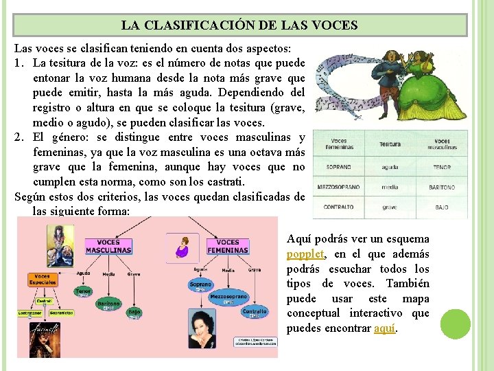 LA CLASIFICACIÓN DE LAS VOCES Las voces se clasifican teniendo en cuenta dos aspectos: