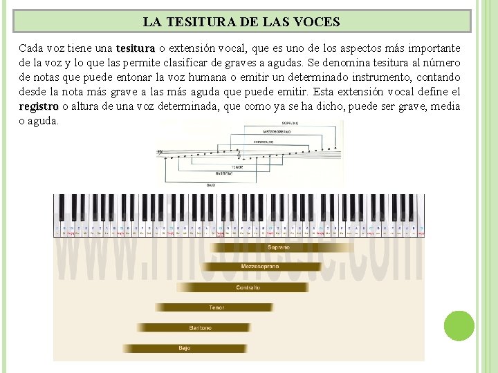 LA TESITURA DE LAS VOCES Cada voz tiene una tesitura o extensión vocal, que