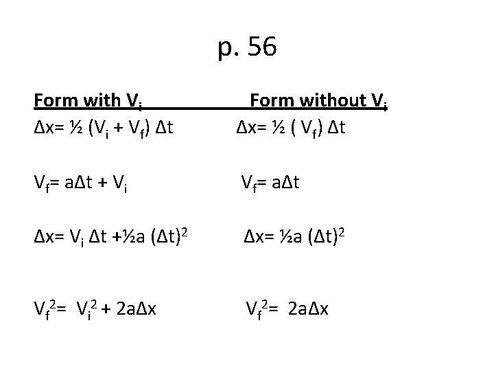 p. 56 Form with Vi Δx= ½ (Vi + Vf) Δt Form without Vi p. 56 Form with Vi Δx= ½ (Vi + Vf) Δt Form without Vi