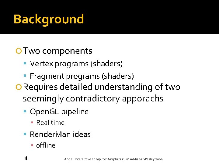 Background Two components Vertex programs (shaders) Fragment programs (shaders) Requires detailed understanding of two