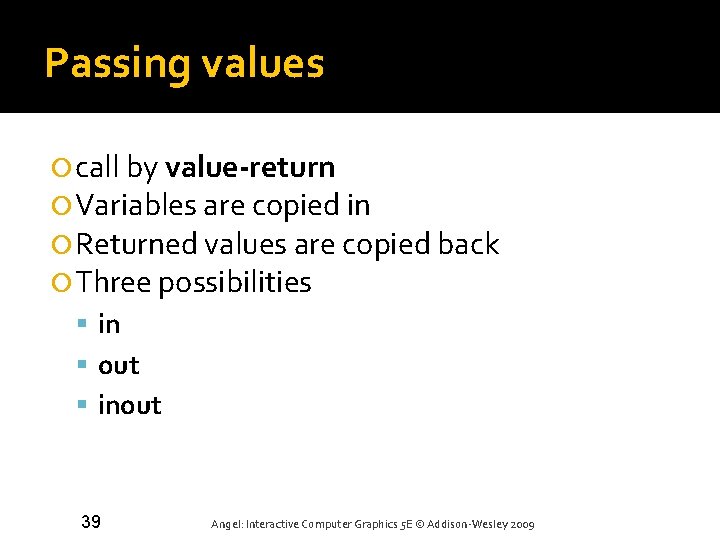 Passing values call by value-return Variables are copied in Returned values are copied back