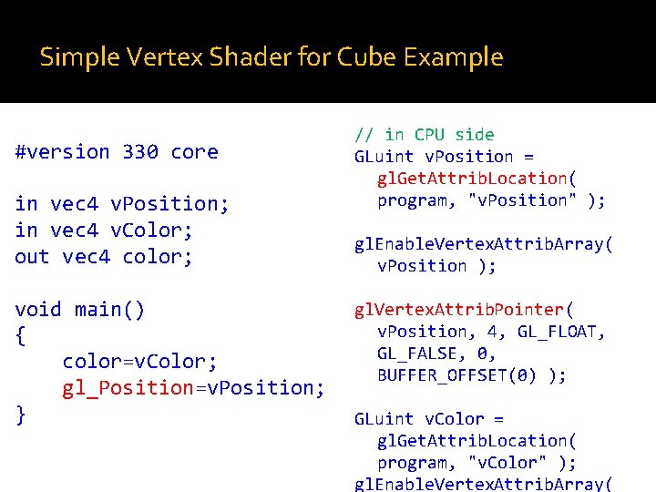 Simple Vertex Shader for Cube Example #version 330 core in vec 4 v. Position;