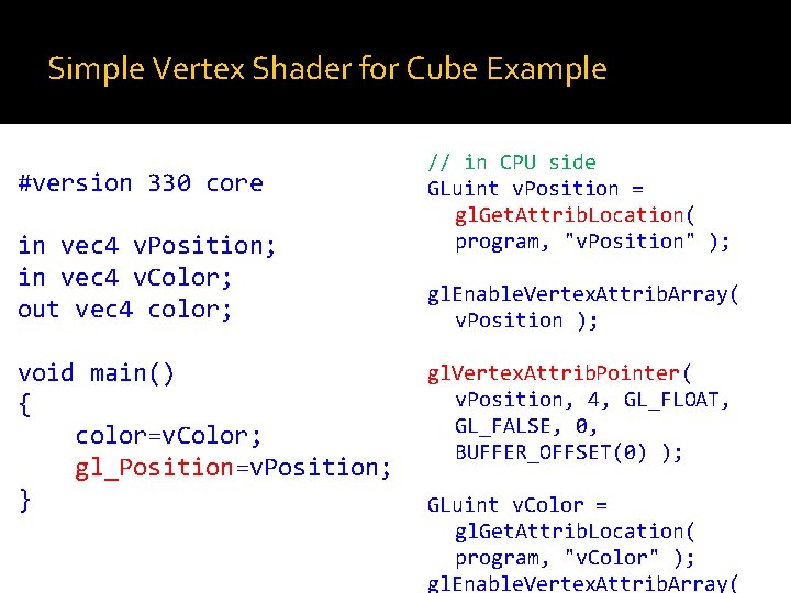 Simple Vertex Shader for Cube Example #version 330 core in vec 4 v. Position; Simple Vertex Shader for Cube Example #version 330 core in vec 4 v. Position;