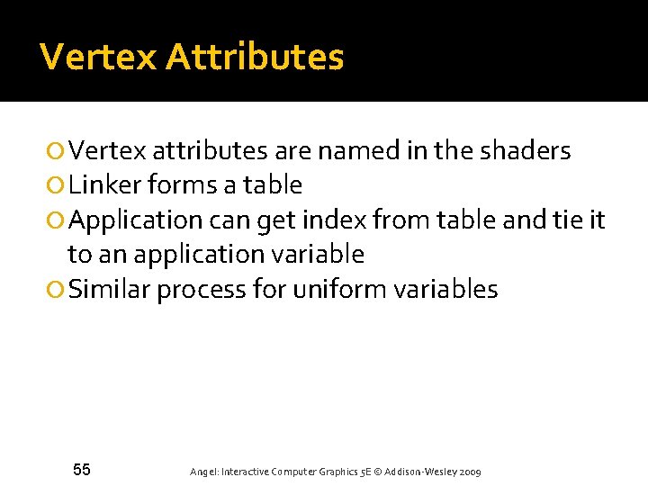 Vertex Attributes Vertex attributes are named in the shaders Linker forms a table Application