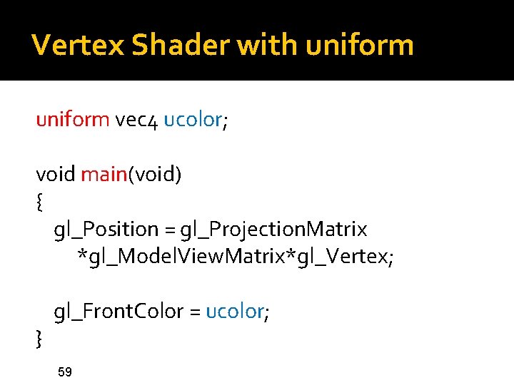 Vertex Shader with uniform vec 4 ucolor; void main(void) { gl_Position = gl_Projection. Matrix