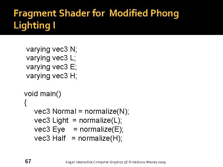 Fragment Shader for Modified Phong Lighting I varying vec 3 N; varying vec 3