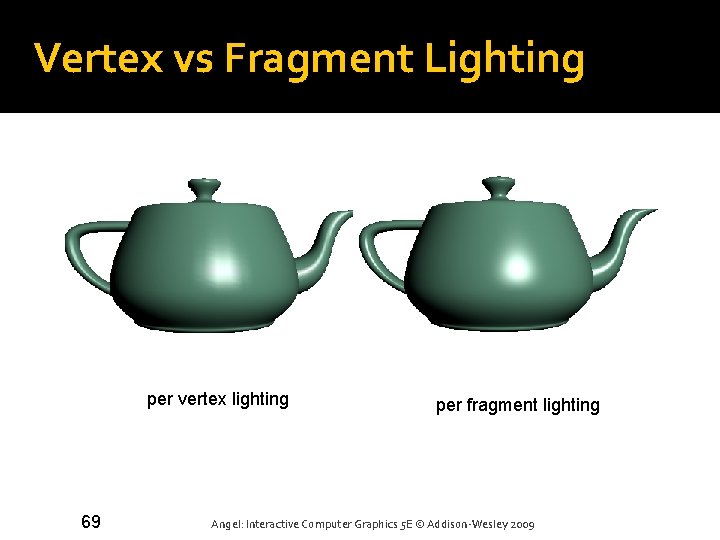 Vertex vs Fragment Lighting per vertex lighting 69 per fragment lighting Angel: Interactive Computer