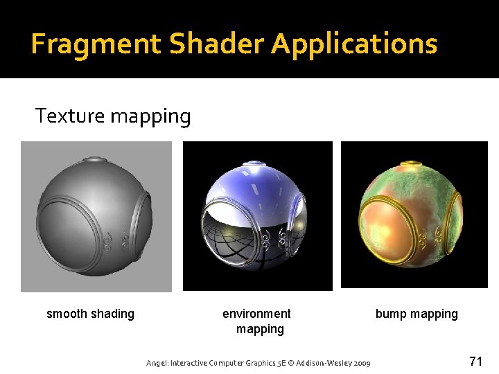 Fragment Shader Applications Texture mapping smooth shading environment mapping Angel: Interactive Computer Graphics 5