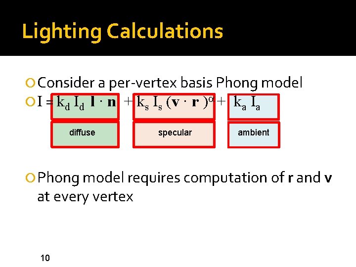 Lighting Calculations Consider a per-vertex basis Phong model I = kd Id l ·