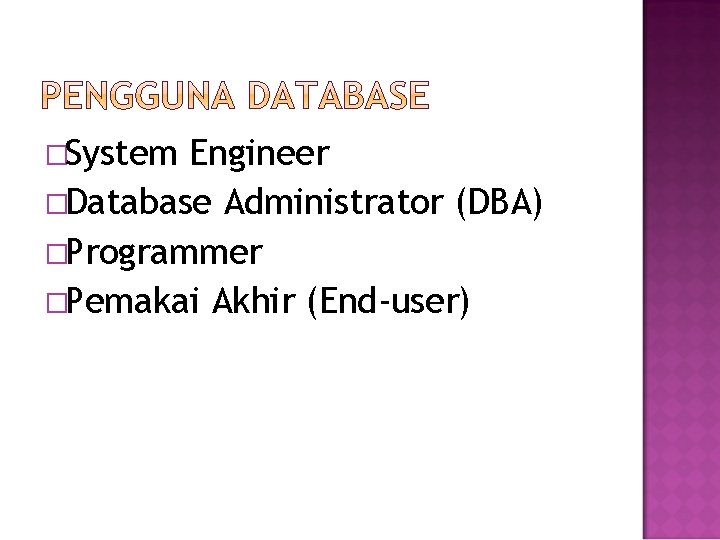 �System Engineer �Database Administrator (DBA) �Programmer �Pemakai Akhir (End-user) 