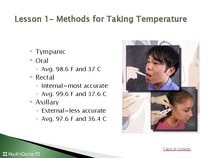 Lesson 1– Methods for Taking Temperature Tympanic Oral ◦ Avg. 98. 6 F and