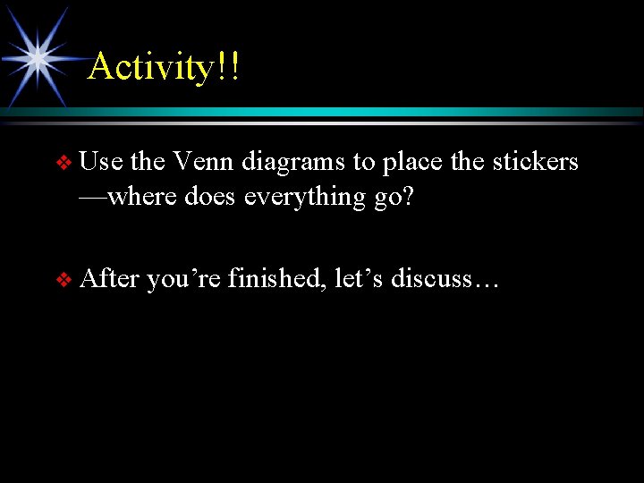 Activity!! v Use the Venn diagrams to place the stickers —where does everything go?
