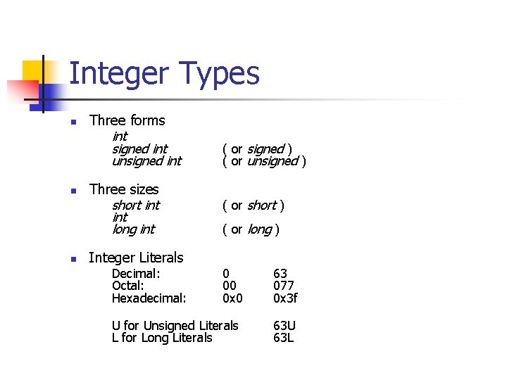 Integer Types n n n Three forms int signed int unsigned int Three sizes