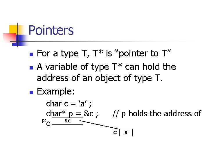 Pointers n n n For a type T, T* is “pointer to T” A