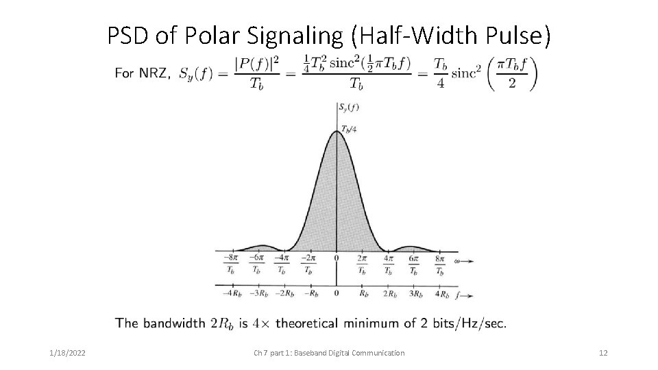 PSD of Polar Signaling (Half-Width Pulse) 1/18/2022 Ch 7 part 1: Baseband Digital Communication PSD of Polar Signaling (Half-Width Pulse) 1/18/2022 Ch 7 part 1: Baseband Digital Communication