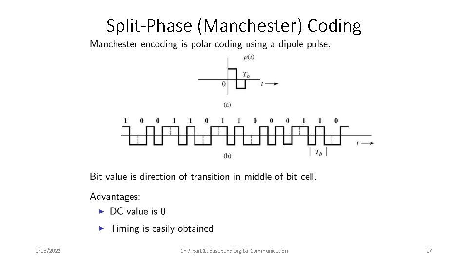Split-Phase (Manchester) Coding 1/18/2022 Ch 7 part 1: Baseband Digital Communication 17 Split-Phase (Manchester) Coding 1/18/2022 Ch 7 part 1: Baseband Digital Communication 17