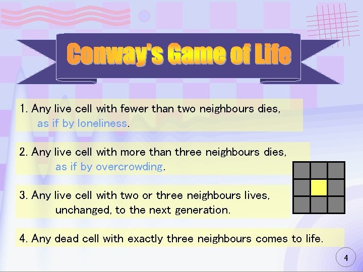1. Any live cell with fewer than two neighbours dies, as if by loneliness.