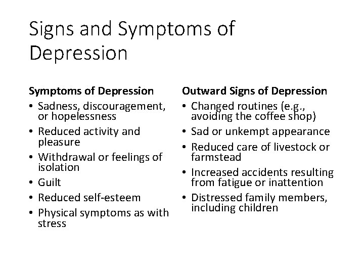 Signs and Symptoms of Depression • Sadness, discouragement, or hopelessness • Reduced activity and