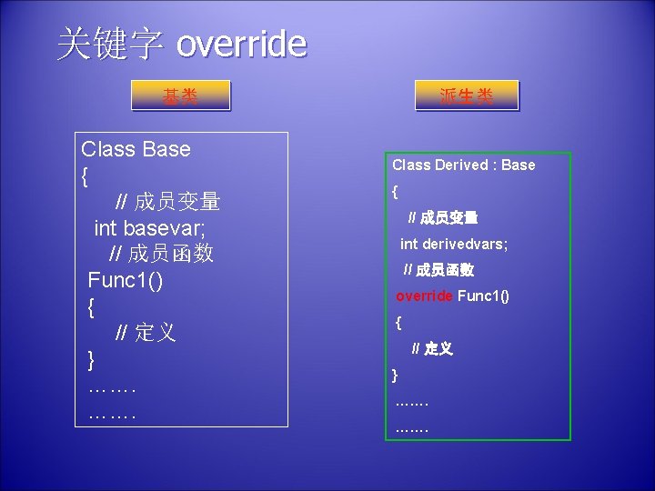 关键字 override 基类 Class Base { // 成员变量 int basevar; // 成员函数 Func 1()