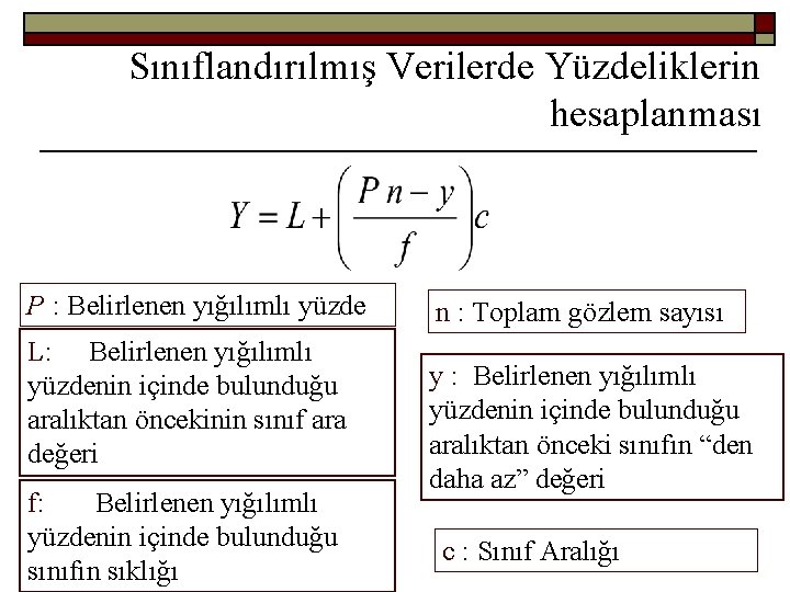 Sınıflandırılmış Verilerde Yüzdeliklerin hesaplanması P : Belirlenen yığılımlı yüzde L: Belirlenen yığılımlı yüzdenin içinde