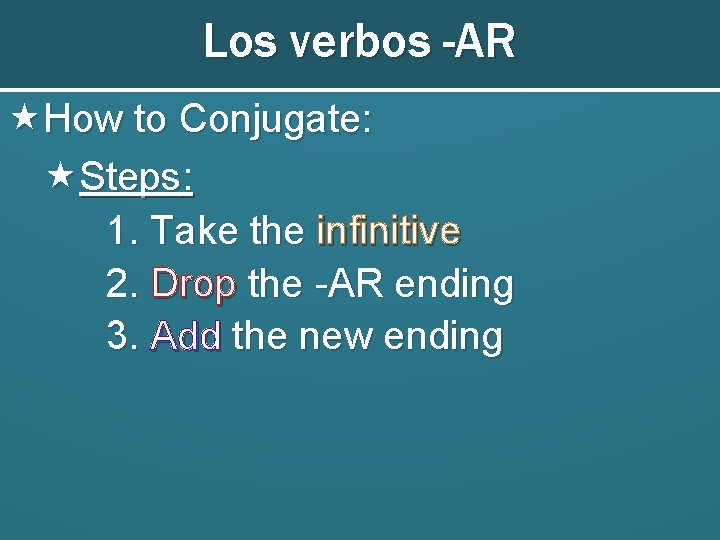 Los verbos -AR How to Conjugate: Steps: 1. Take the infinitive 2. Drop the Los verbos -AR How to Conjugate: Steps: 1. Take the infinitive 2. Drop the