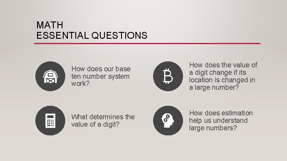 MATH ESSENTIAL QUESTIONS How does our base ten number system work? How does the