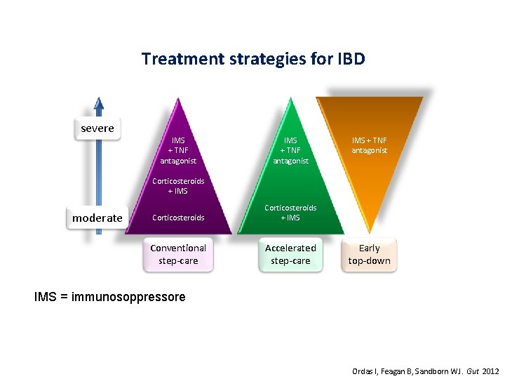 Treatment strategies for IBD severe IMS + TNF antagonist Corticosteroids + IMS moderate Corticosteroids