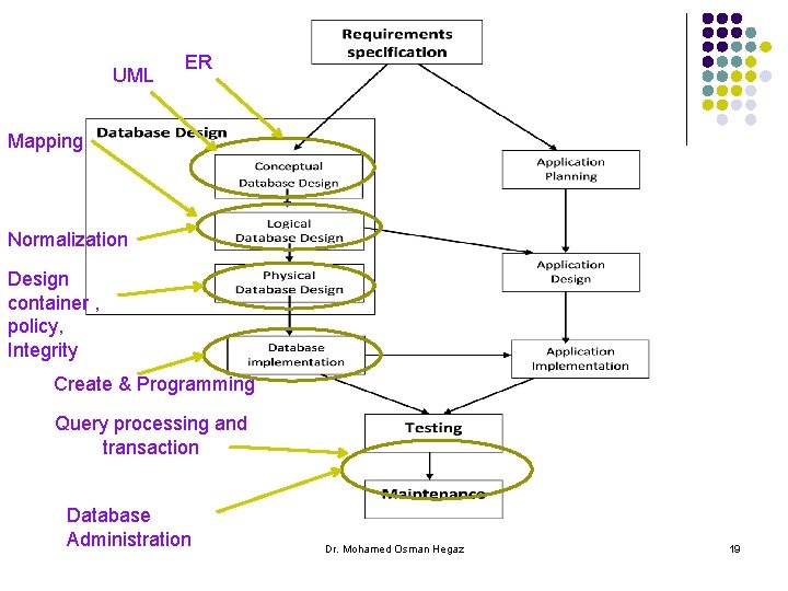 UML ER Mapping Normalization Design container , policy, Integrity Create & Programming Query processing