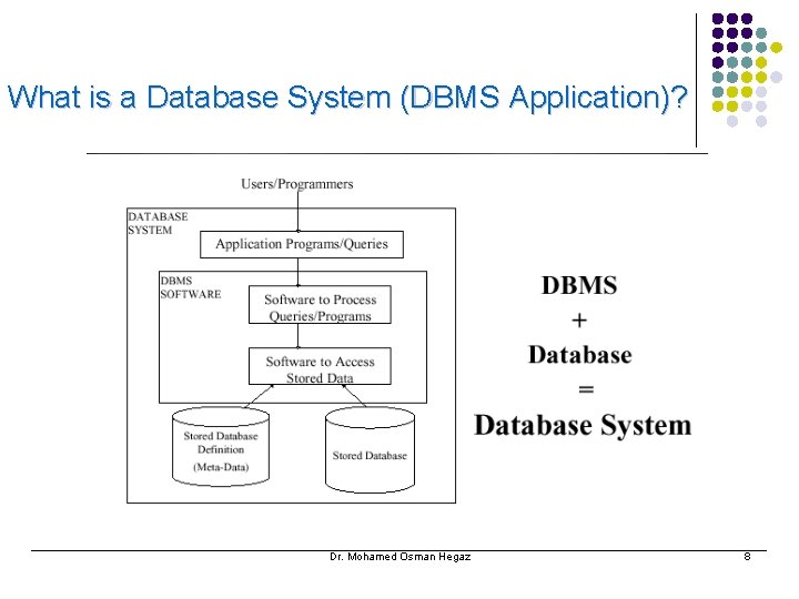 What is a Database System (DBMS Application)? Dr. Mohamed Osman Hegaz 8 