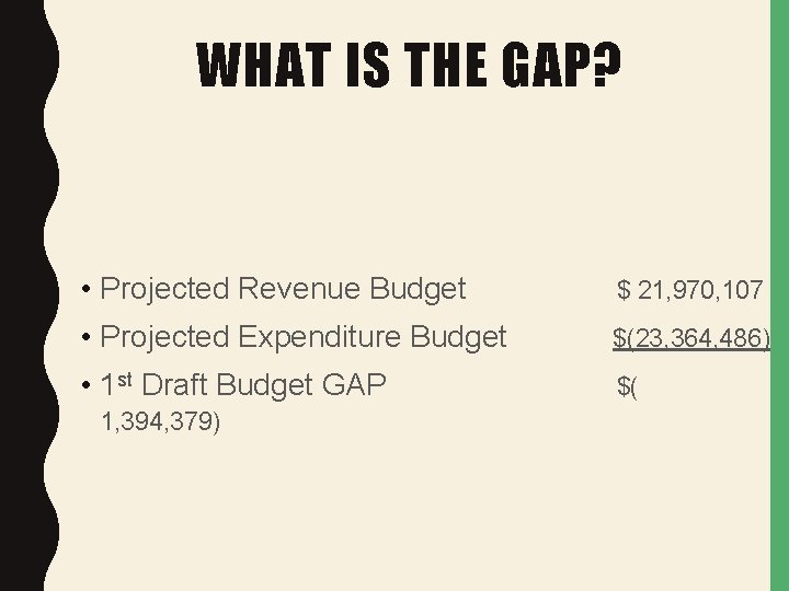 WHAT IS THE GAP? • Projected Revenue Budget $ 21, 970, 107 • Projected