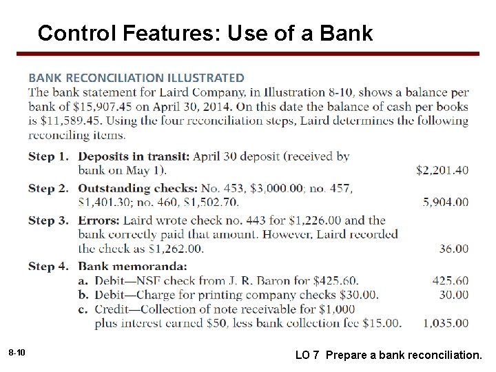 Control Features: Use of a Bank 8 -10 LO 7 Prepare a bank reconciliation.