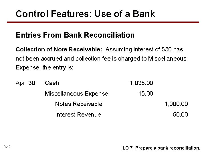 Control Features: Use of a Bank Entries From Bank Reconciliation Collection of Note Receivable: