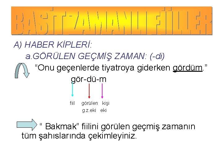 A) HABER KİPLERİ: a. GÖRÜLEN GEÇMİŞ ZAMAN: (-di) “Onu geçenlerde tiyatroya giderken gördüm. ”