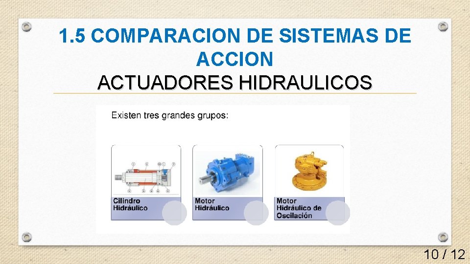 1. 5 COMPARACION DE SISTEMAS DE ACCION ACTUADORES HIDRAULICOS 10 / 12 