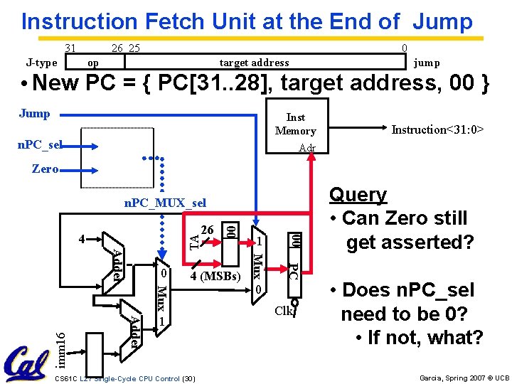 Instruction Fetch Unit at the End of Jump 31 26 25 J-type 0 op