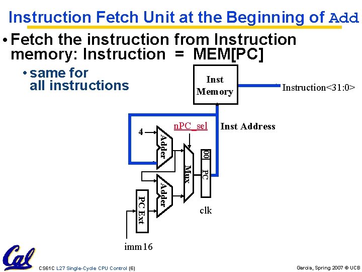 Instruction Fetch Unit at the Beginning of Add • Fetch the instruction from Instruction