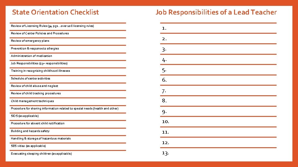 State Orientation Checklist Review of Licensing Rules (94 pgs…over 108 licensing rules) Review of