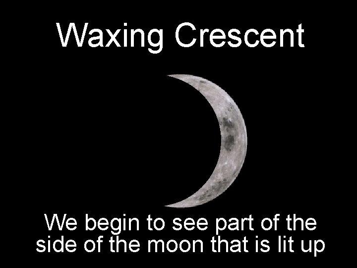 Waxing Crescent We begin to see part of the side of the moon that