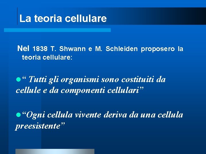 La teoria cellulare Nel 1838 T. Shwann e M. Schleiden proposero la teoria cellulare: