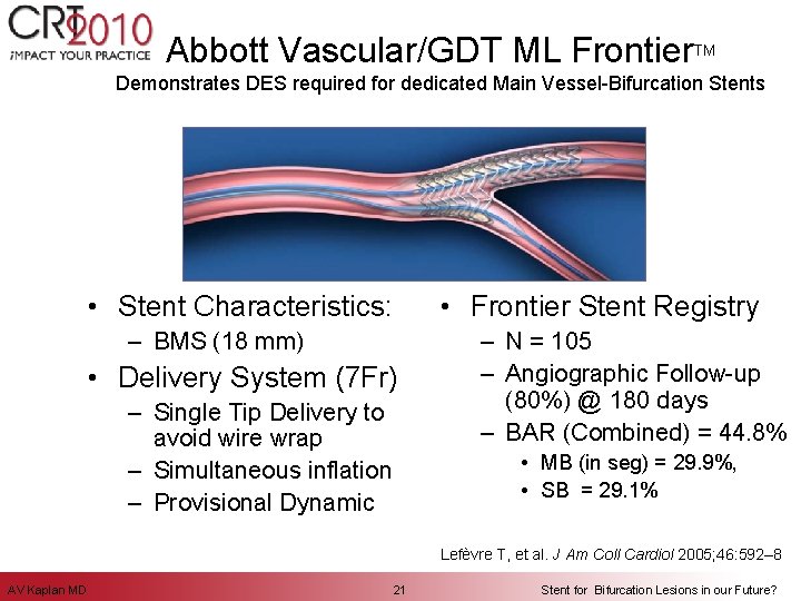Abbott Vascular/GDT ML Frontier. TM Demonstrates DES required for dedicated Main Vessel-Bifurcation Stents •