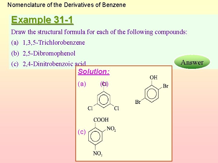 Nomenclature of the Derivatives of Benzene Example 31 -1 Draw the structural formula for