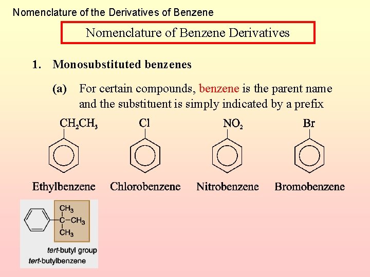 Nomenclature of the Derivatives of Benzene Nomenclature of Benzene Derivatives 1. Monosubstituted benzenes (a)