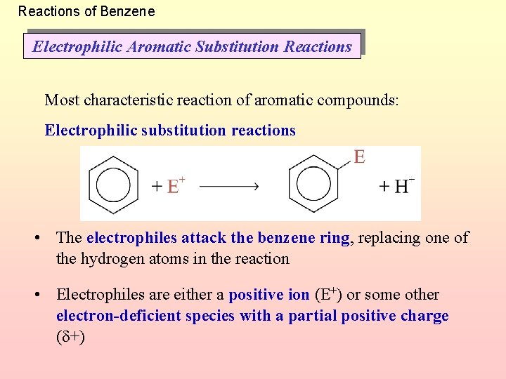 Reactions of Benzene Electrophilic Aromatic Substitution Reactions Most characteristic reaction of aromatic compounds: Electrophilic