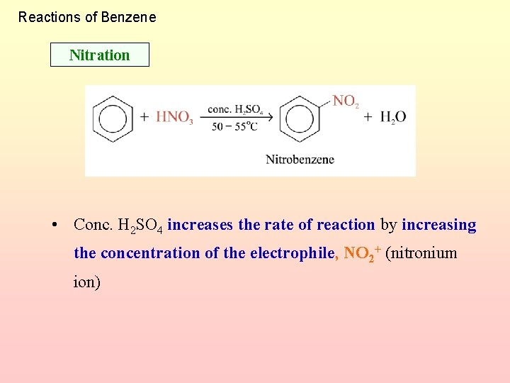 Reactions of Benzene Nitration • Conc. H 2 SO 4 increases the rate of