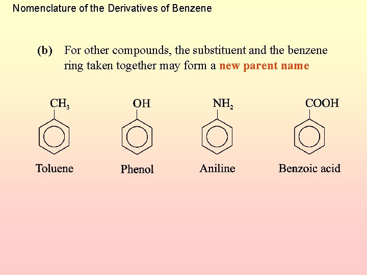 Nomenclature of the Derivatives of Benzene (b) For other compounds, the substituent and the