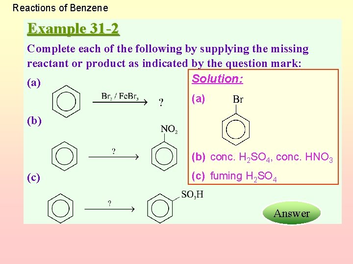 Reactions of Benzene Example 31 -2 Complete each of the following by supplying the