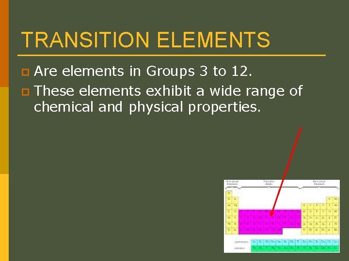 TRANSITION ELEMENTS Are elements in Groups 3 to 12. p These elements exhibit a